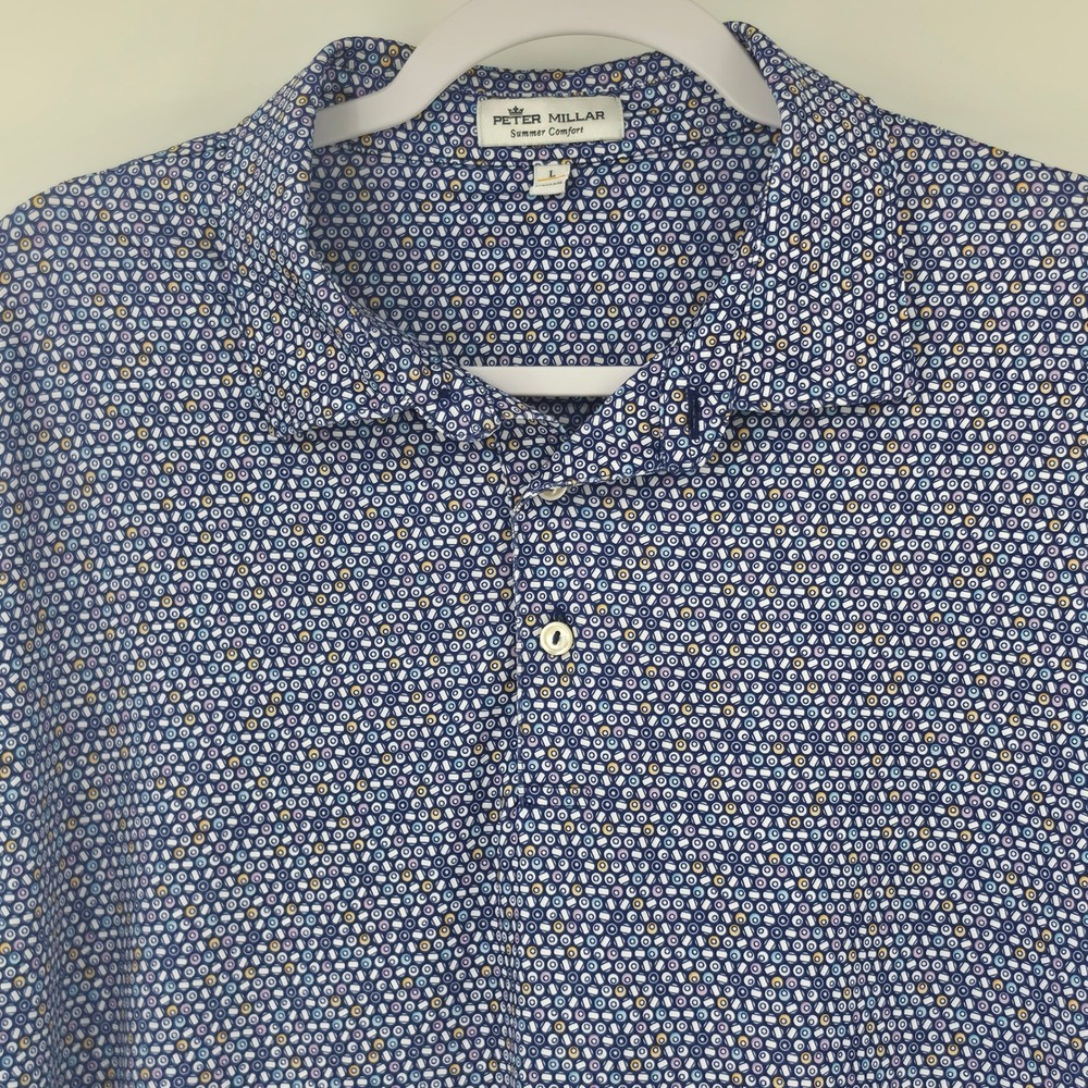 Peter Millar Summer Comfort Mens Large Blue Geometric Circle Print Golf Polo